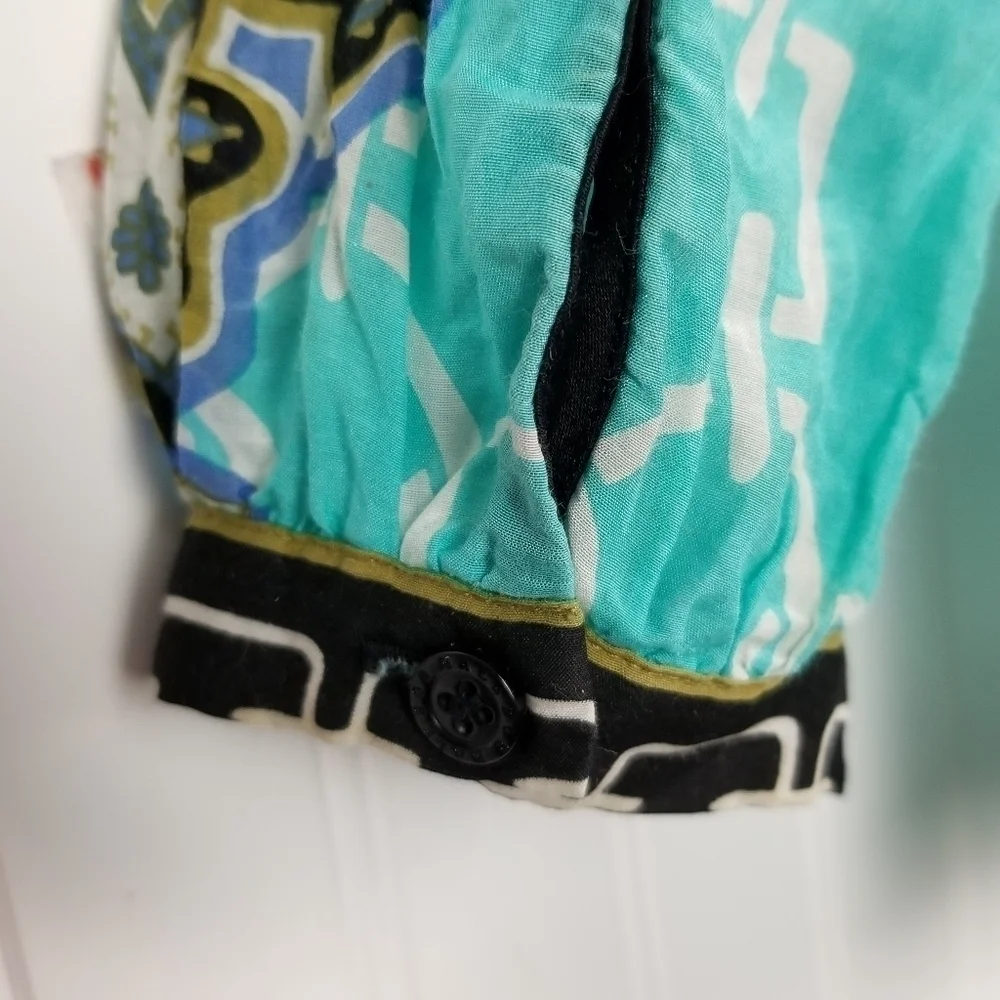 Hale Bob Cabana Silk Cotton Blend Long Sleeve Tunic Top Medium Blue Boho Print